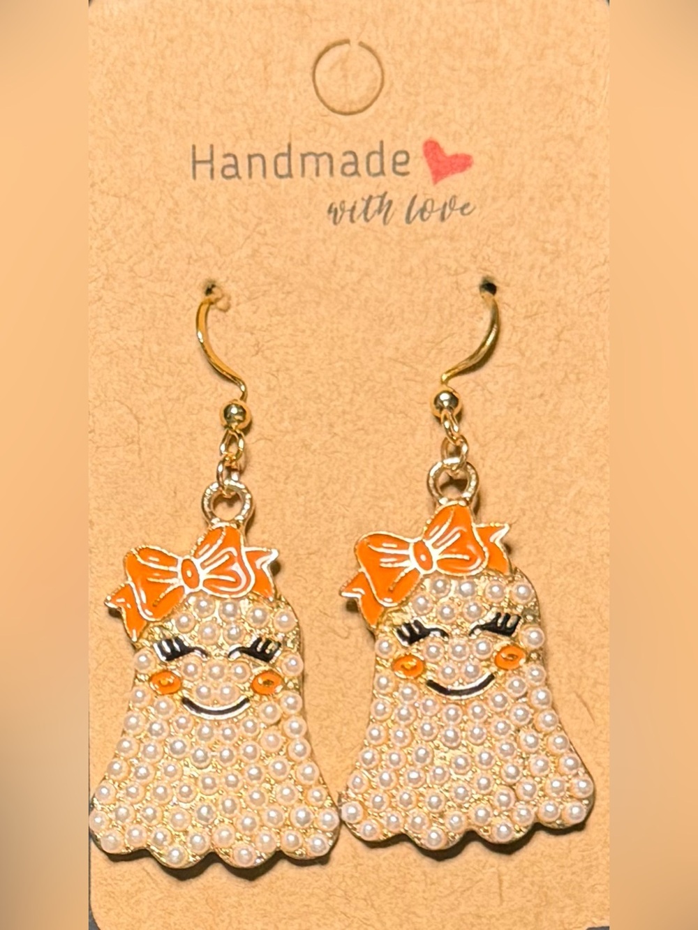 👻Handmade👻 Pearl-Embellished Orange Bow Ghost Earrings - Picture 2 of 3